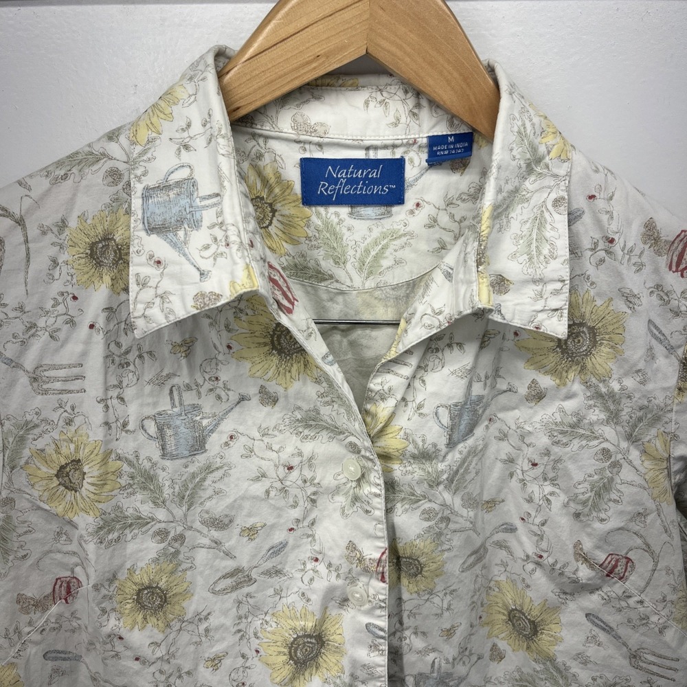 Vintage Natural Reflection Cropped Short Sleeve Button Up Women M Floral Garden